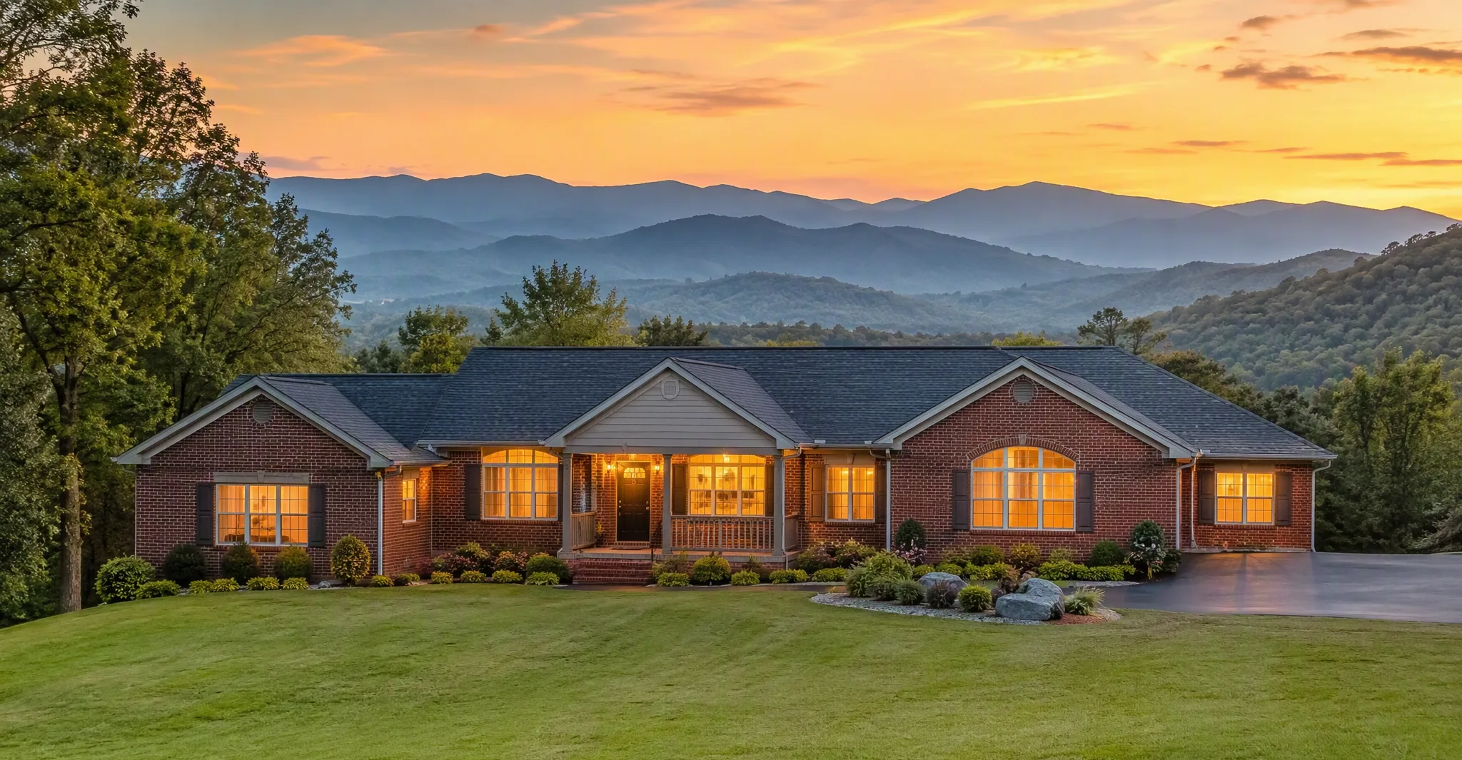 Brick ranch home at golden hour beneath the Kingsport Tennessee ridgelines